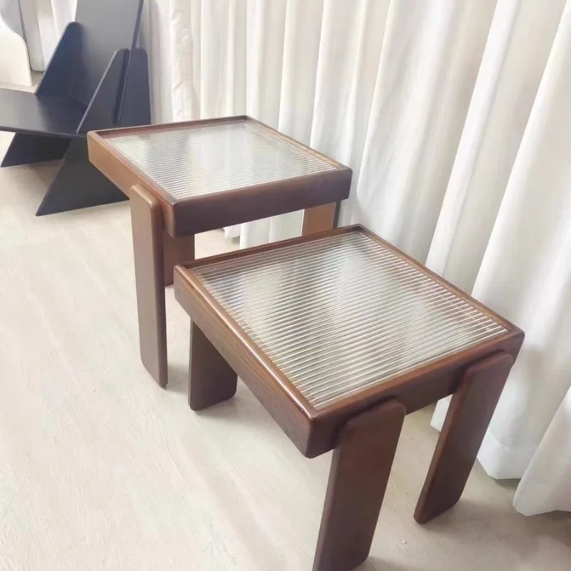 

#q forModern Retro Wooden Nesting Coffee Table with Glass Top, Set of 2 Side Tables for Living Room Home Decor*