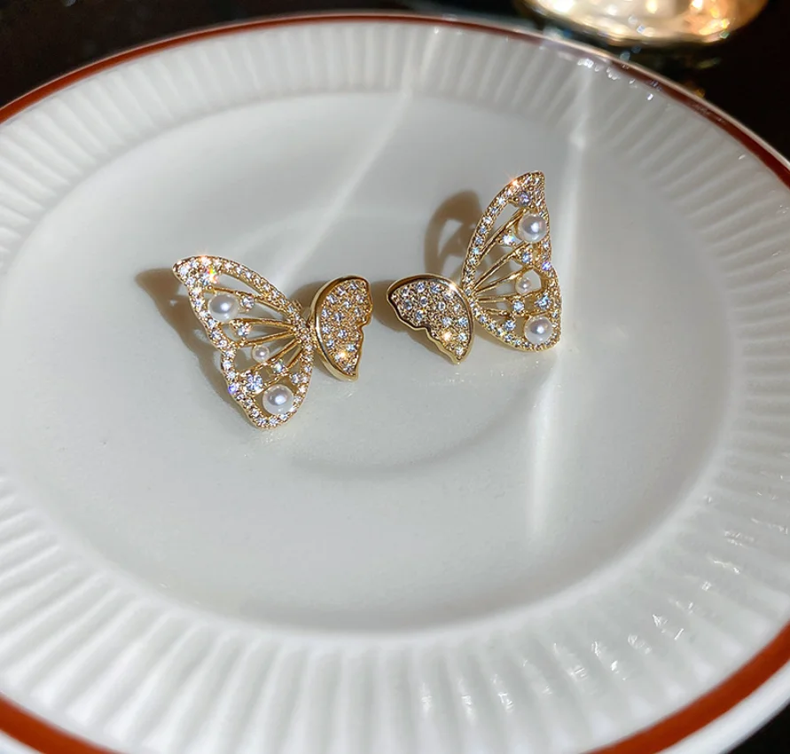 2022 new S925 silver needle copper gold plated pearl zircon Butterfly Earrings for women Fashion Jewelry