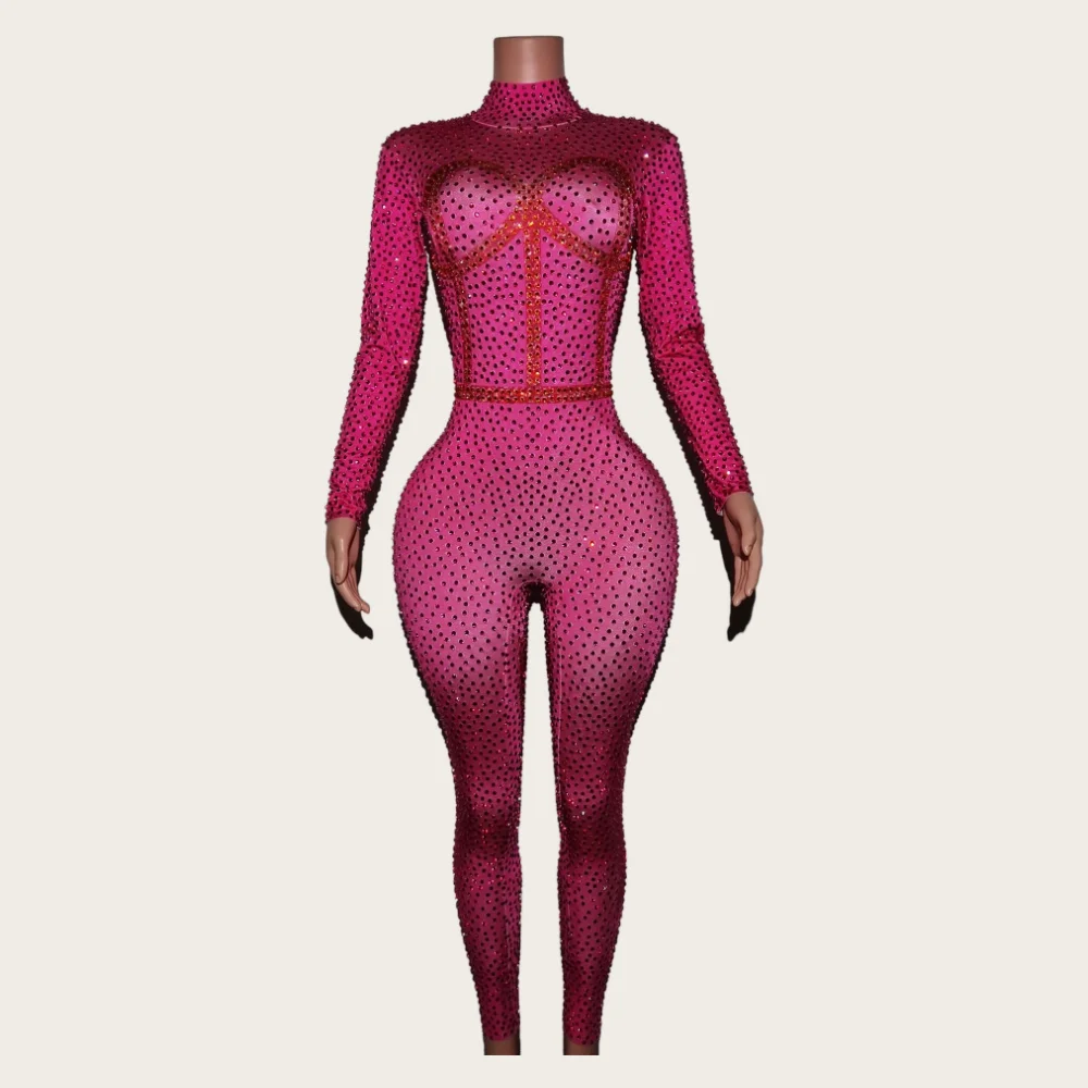 Shiny Diamonds Stretch Women Jumpsuit Sexy Evening Party Club Performance Bodysuit Nightclub Singer Dancer Stage Show Leotards