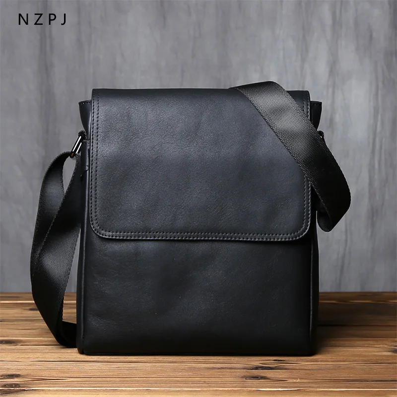 NZPJ-Leather Shoulder Bag for Men, Natural Cowhide, Vertical Crossbody Bag, Casual, Large Capacity, Flip, Zipper, 10 