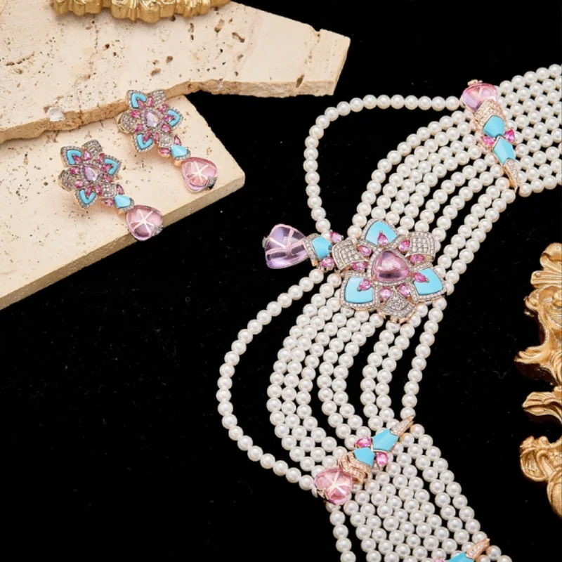 Vintage Baroque Style Earrings Necklace Women Lady Inlay Czech Zircon Turquoise Pearl Multi-strand Party Jewelry Sets