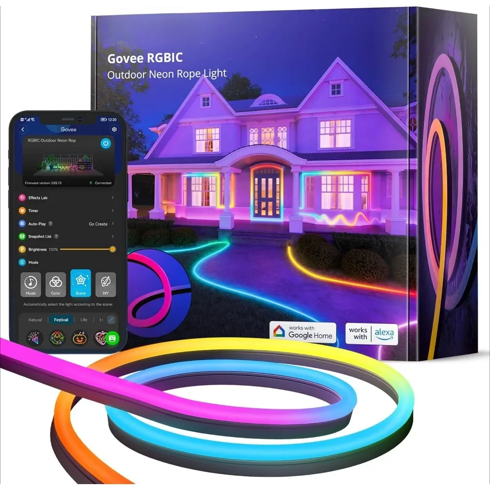 

Outdoor Neon Rope Lights, RGBIC IP67 Waterproof Halloween Decorations with 64 Scene Modes, Music Sync, Flexible LED