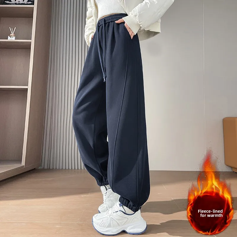 شتاء جديد حجم كبير المرأة Fce اصطف Thiened مكبل السراويل الرياضية عادية عالية الخصر فضفاض التخسيس مستقيم الساق بنطلون