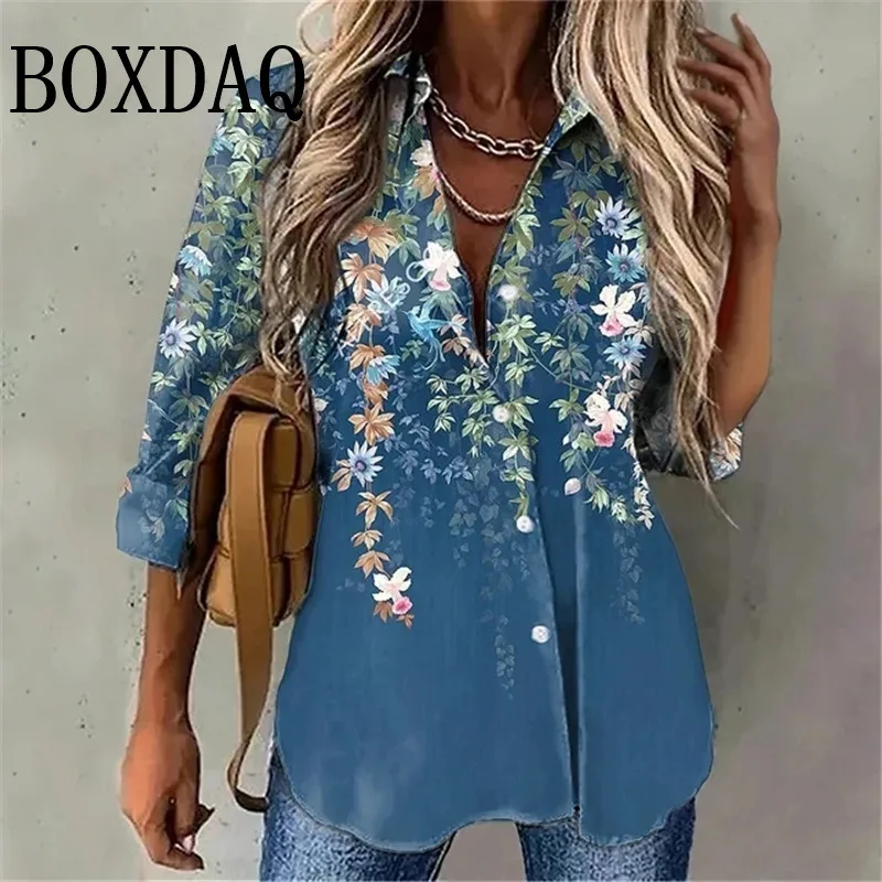 Elegant Women‘S Shirts Tops 2025 New Spring Blue Flower 3D Print Blouses Button Long Sleeve Casual Shirts Summer Female Clothing