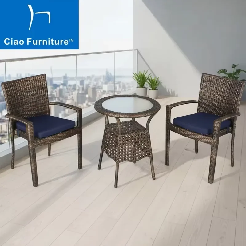 2026 Outdoor 3 Pcs Bistro Set Balcony Rattan Round Coffee Table and Stackable Garden Dining Chair Set