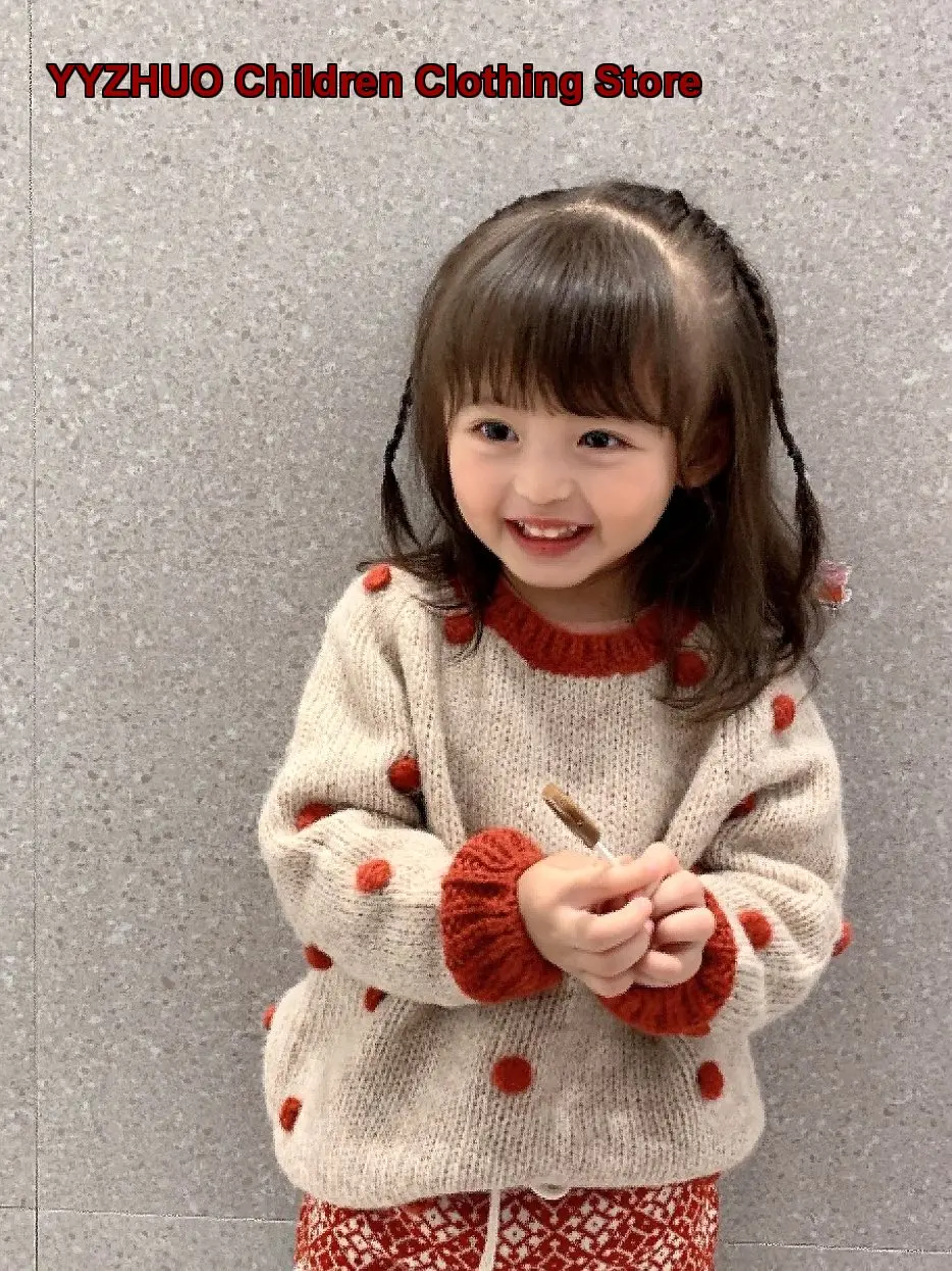 AnnieGirl Girls Christmas New Year Handmade Ball Turtleneck Red Cashmere Knit Top Round Neck