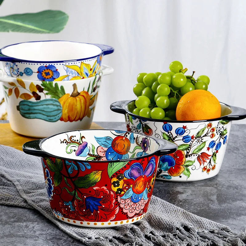 European American ceramic double ear hand-painted soup bowl Household anti scalding 1.8-liter underglaze colored fruit basin