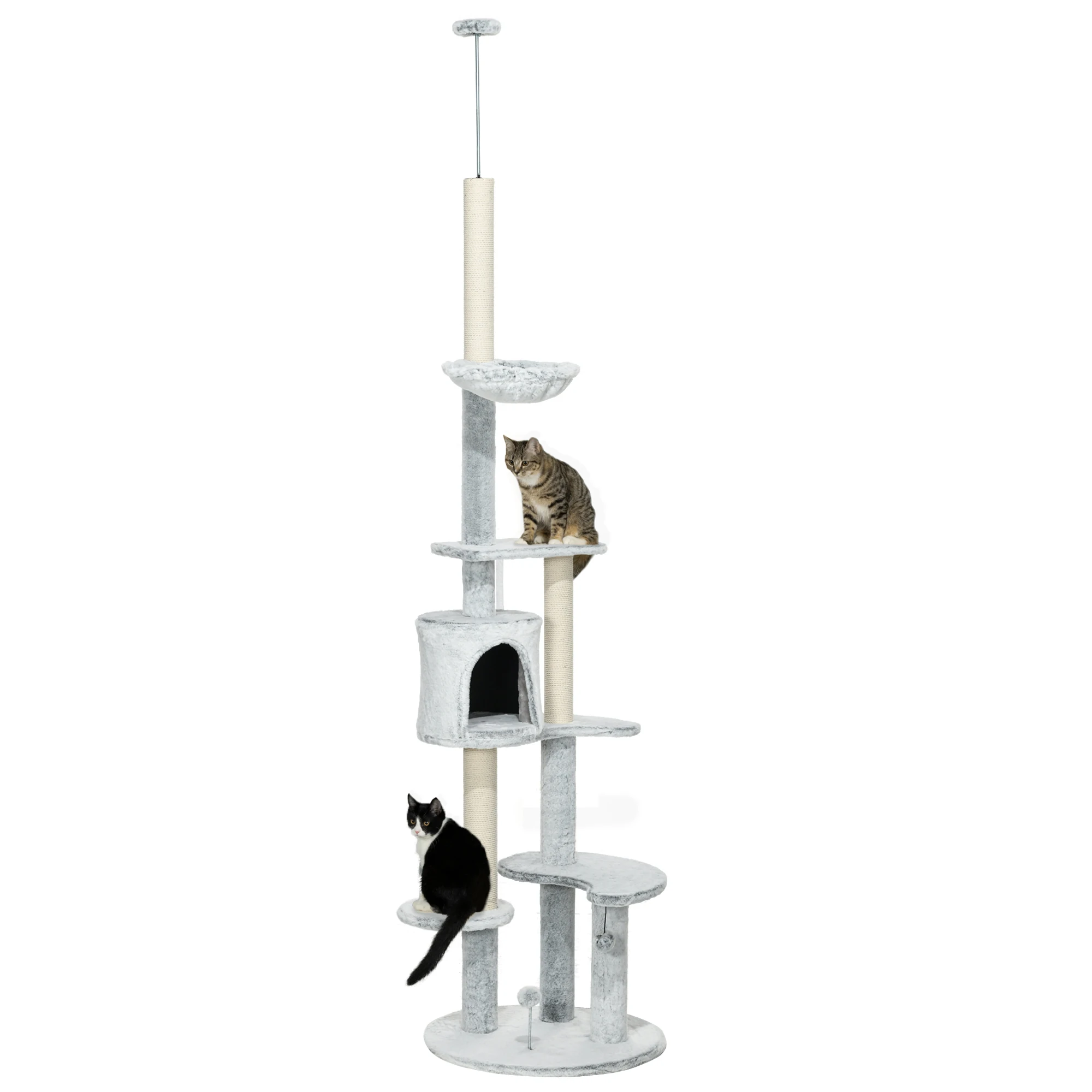 PawHut 225-255 cm Floor-to-Roof Cat Tree Height Adjustable Cat Tower with Cave Platforms Hammock Ratchposts and Hanging Balls Ø 60x225-255 cm Grey