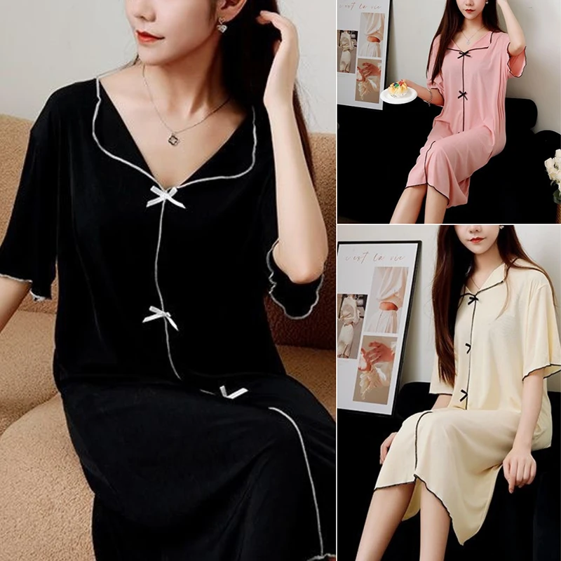 2024 Summer New Solid Colour Ice Silk Nightgown Homewear Women Loose Short-Sleeved Pajamas Cardigan Leisure Long Skirt