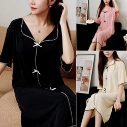 2024 Summer New Solid Colour Ice Silk Nightgown Homewear Women Loose Short-Sleeved Pajamas Cardigan Leisure Long Skirt