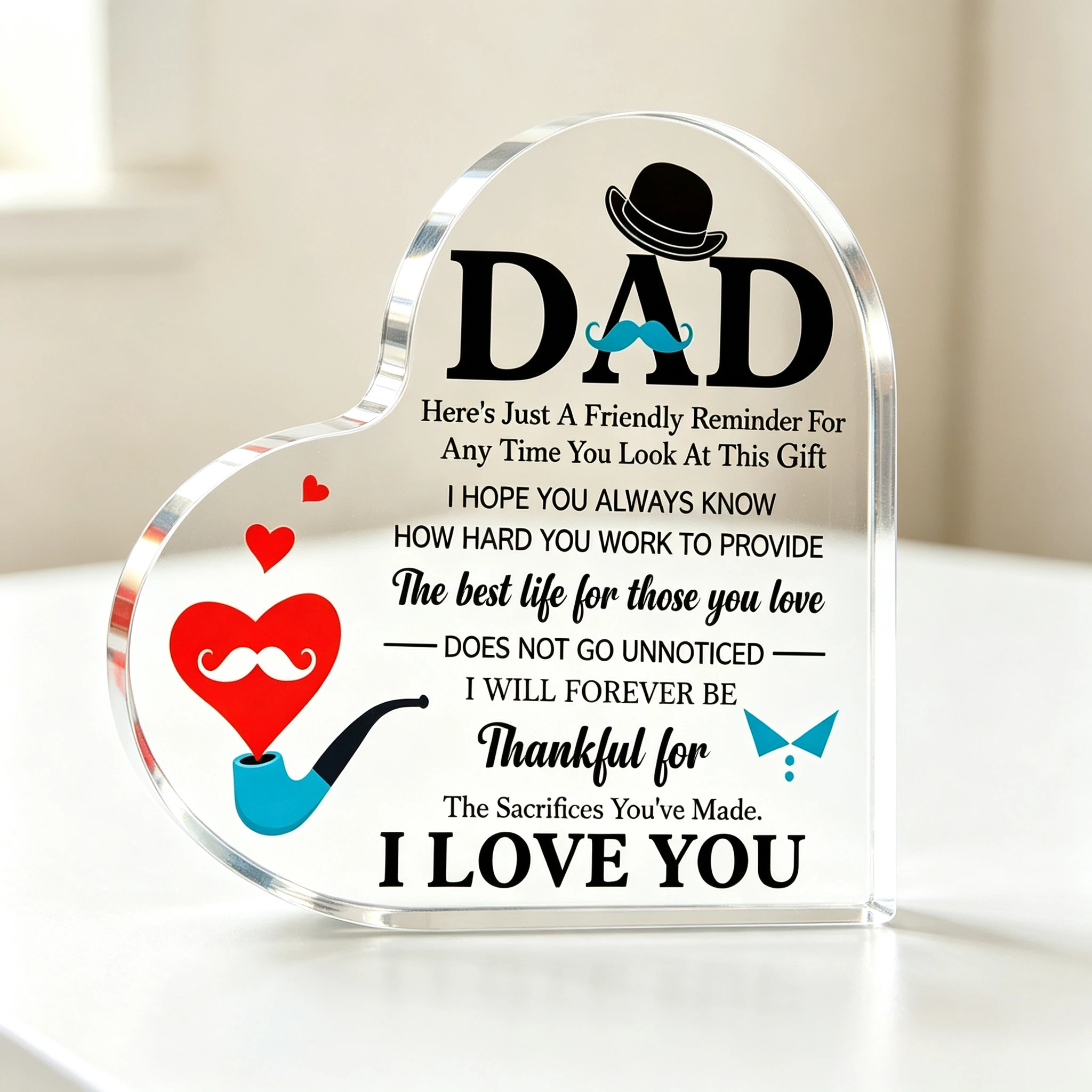 Gentleman Hat Mustache Graphic Heart‑Shaped Acrylic Ornament, Father’s Day Home Tabletop Decor
