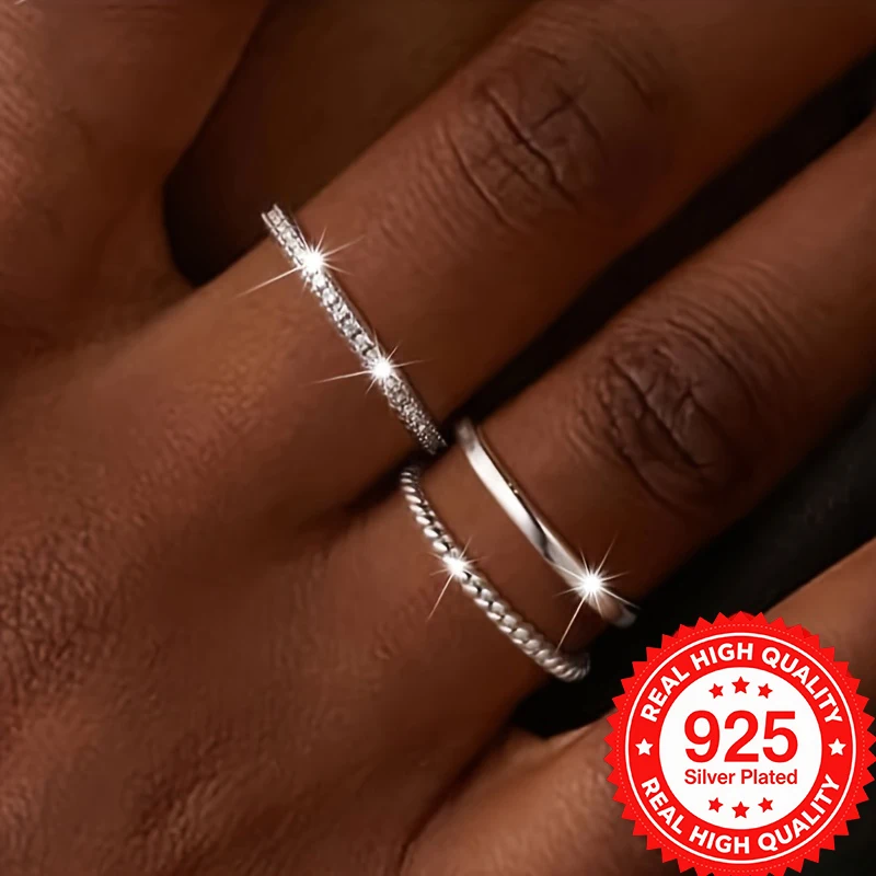 

925 Silver Plated Stackable Rings Set Sparkling CZ High-Quality Elegant Finger Jewelry for Women Perfect for Daily Wear