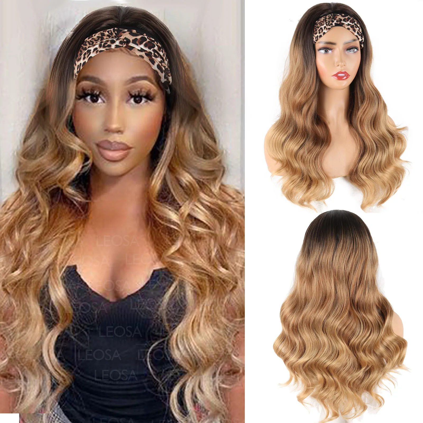 Synthetic Ice Silk Headband Wig Long Wavy Curls Heat Resistant Hairpiece Fashion Turban Cap for Cosplay Daily Party