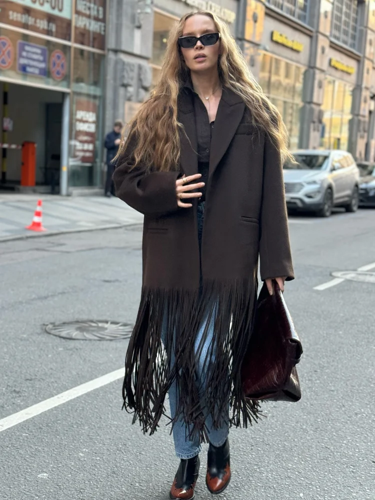 2024 New Fashion Tassels Splicing Pockets Overcoat For Women Elegant Solid Turndown Collar Chic Long Jacket Lady High Streetwear