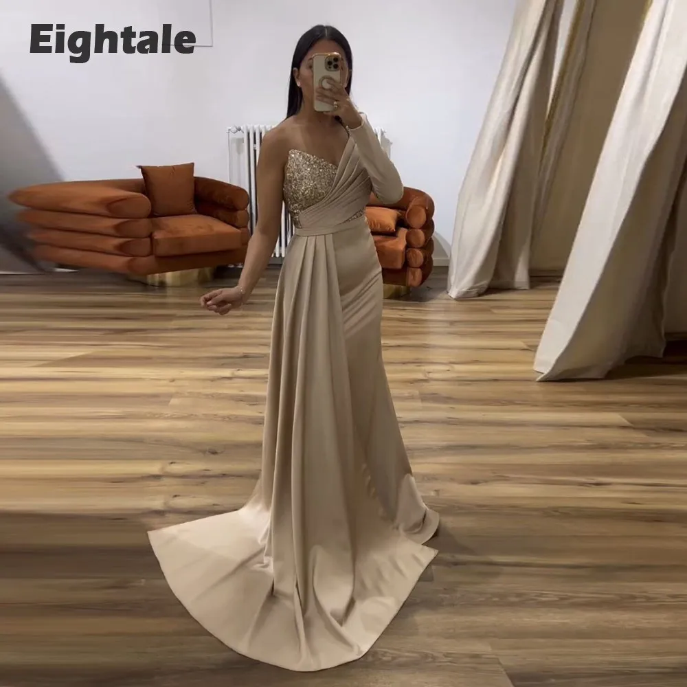 Eightale Arabic Evening Dresses One Long Sleeve Satin Mermaid Prom Gown Satin Champagne Wedding Guest Party Gown Robes De Soirée