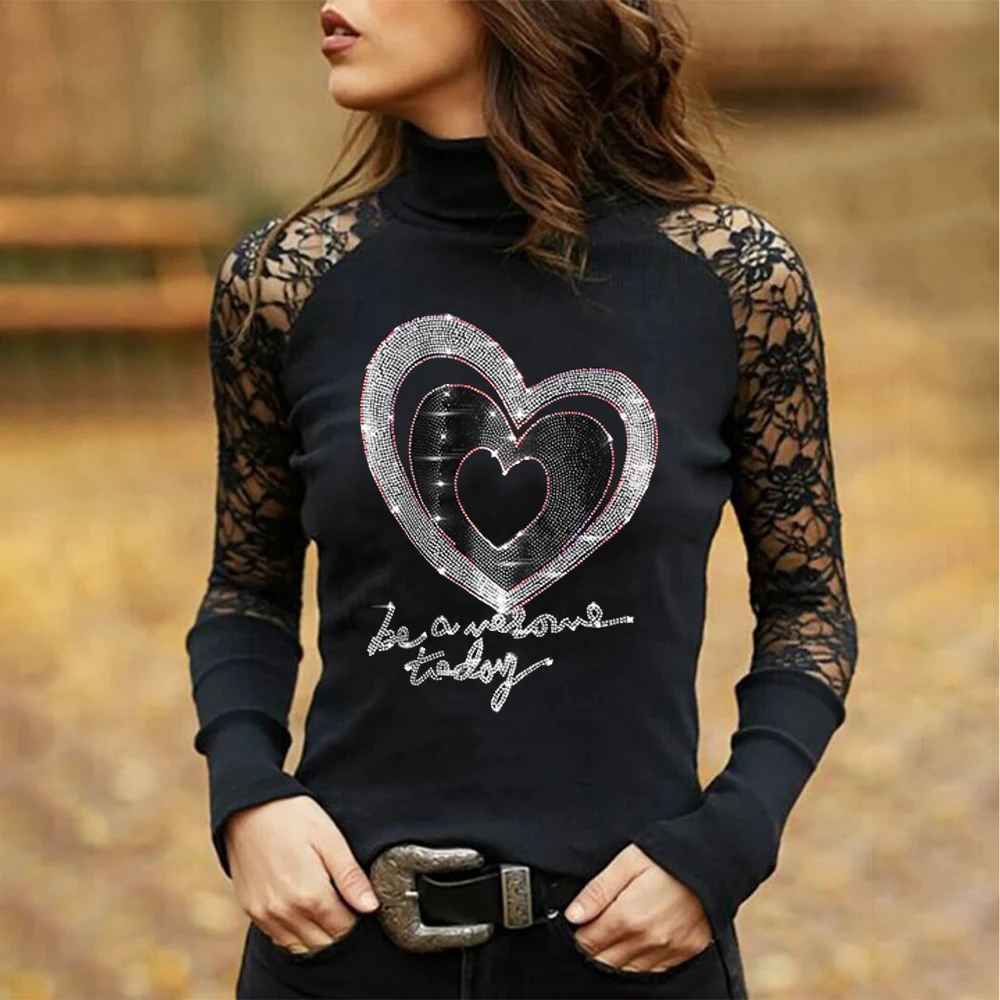 

Stylish Heart Shape Hot Drill Print Ladies T-Shirt Solid Lace Sexy Women TShirt Y2k Gothic Tee Long Sleeve Party Clothes Tops