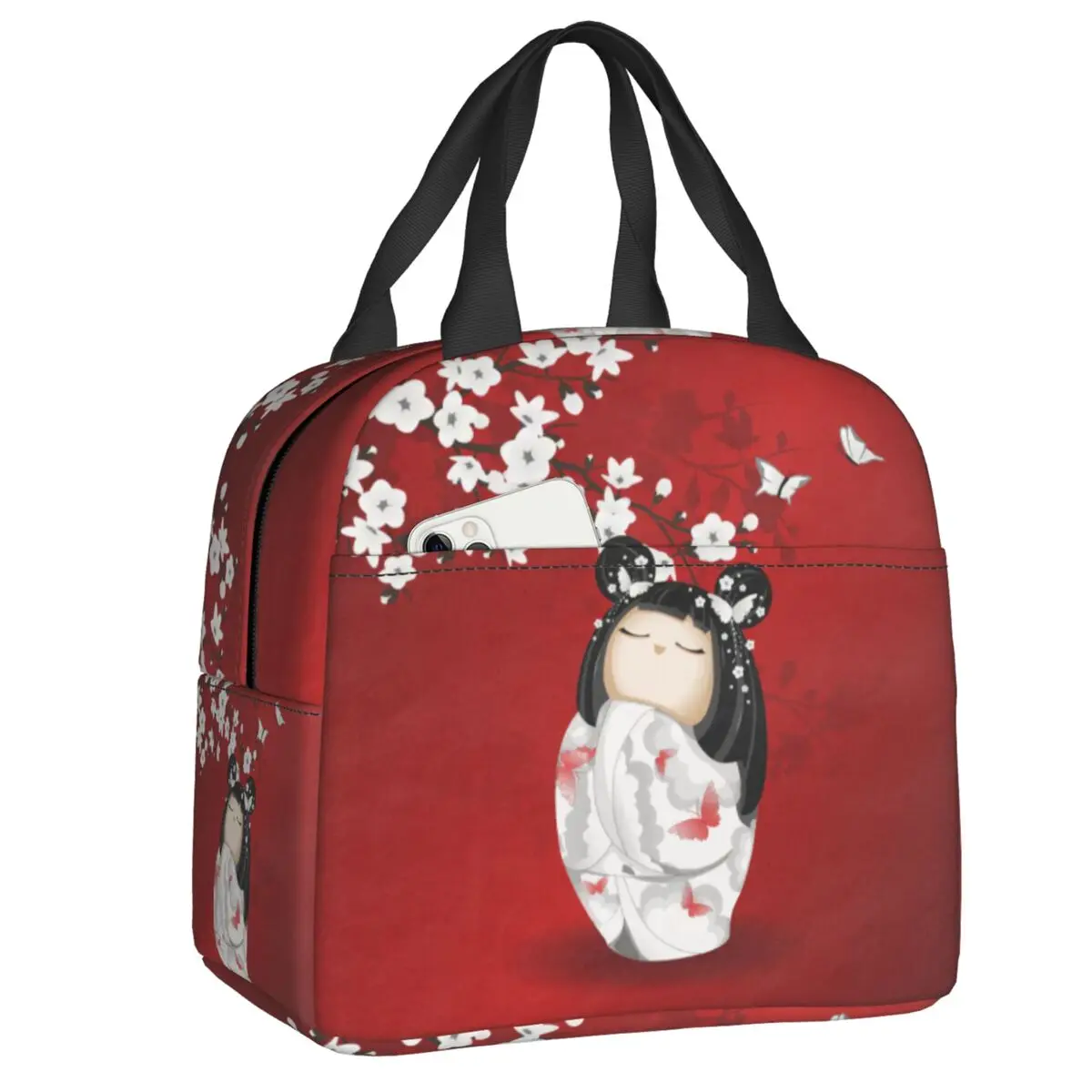 Kokeshi Doll Cherry Blossoms Lunch Box for Women Waterproof Japanese Geisha Girl Cooler Thermal Food Insulated Lunch Bag Kids