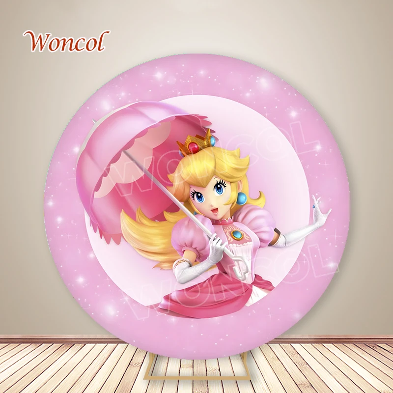 Cubierta circular de princesa Peach para niña, fondo de Baby Shower, cubierta de cilindro de princesa Peach, decoración de fiesta de cumpleaños, utilería para sesión fotográfica