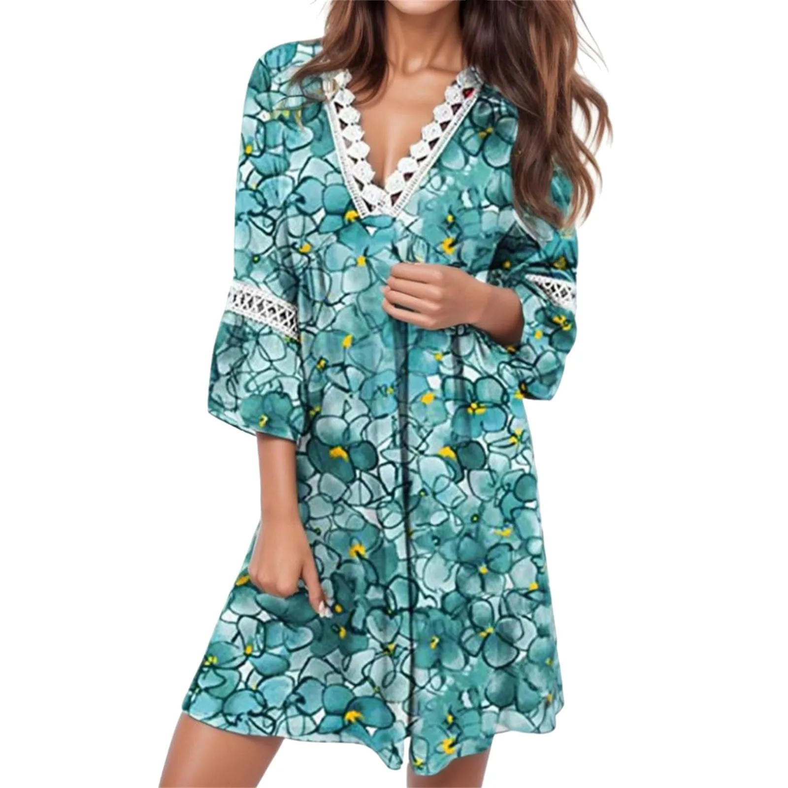 

vantage floral printed mini dress women V-neck patchwork hollow out dresses loose fit three quarter sleeve vacation dress