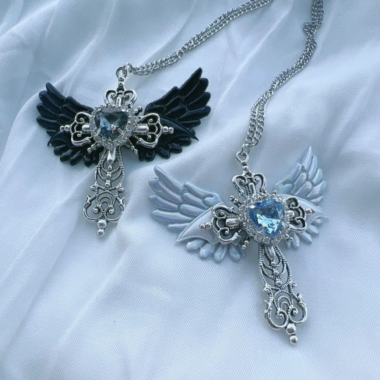 Gothic subculture necklace y2k original necklace Angel wings necklace Cross sweater chain