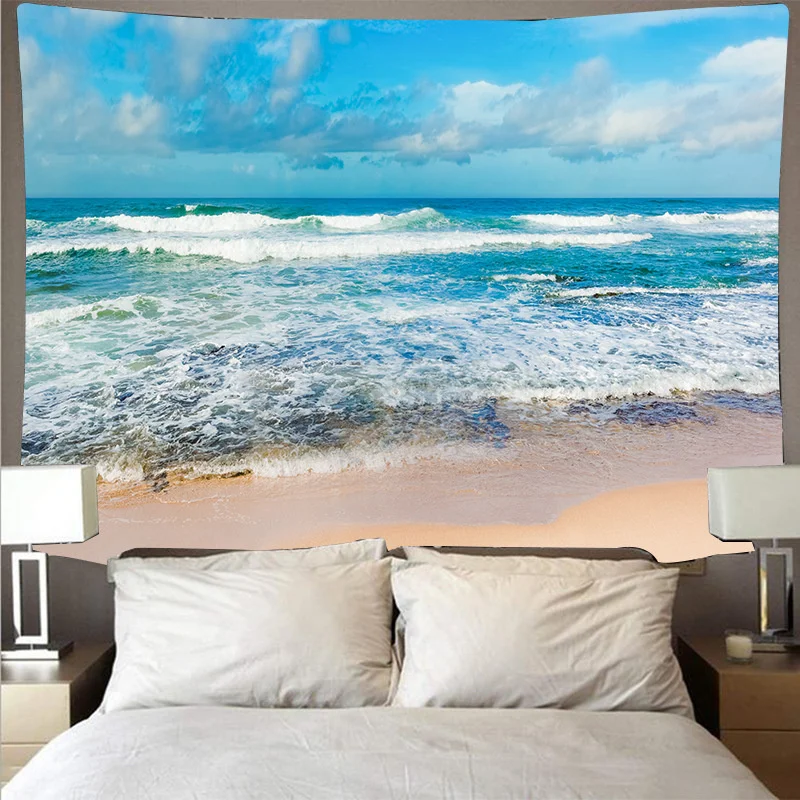 Blue Ocean Wave Tapestry Sunset Cloud Nature Art Wall Hanging Tapestries Wall Cloth Mat Background Blanket Bohemian Home Decor