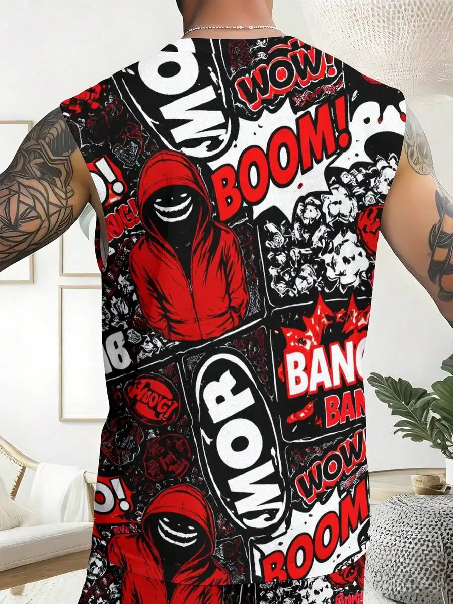 Sudadera con Capucha Gráfica para Hombre, Diseño de Cómic, Nuevos Estilos de Verano 2026, Conjunto de 2 Piezas de Pantalones de Playa con Hombros Anchos para Hombre, Lavable a Máquina, Ajuste Casual