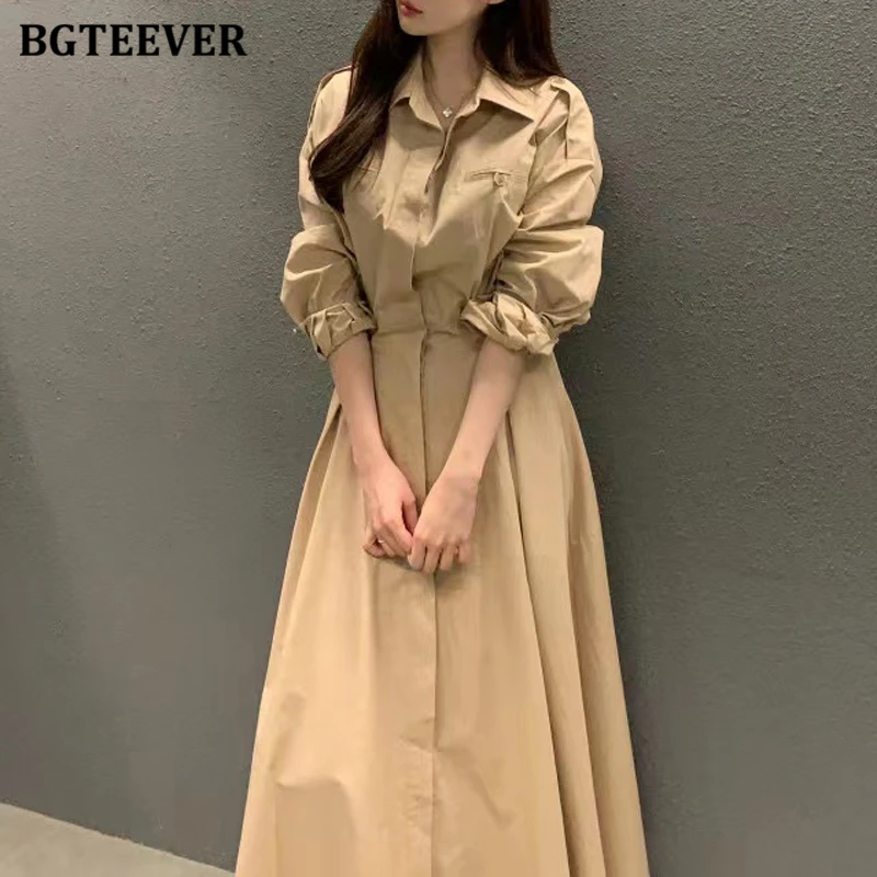 BGTEEVER Spring Vintage Lapel Long Sleeve Female A-line Dress Stylish Elastic Waist Single-breasted Midi Dress for Women