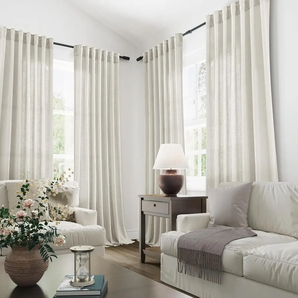 Cortinas transparentes de lino beige con filtrado de luz, 96 de largo, estilo bohemio neutro, juego de 2 paneles para decoración del hogar