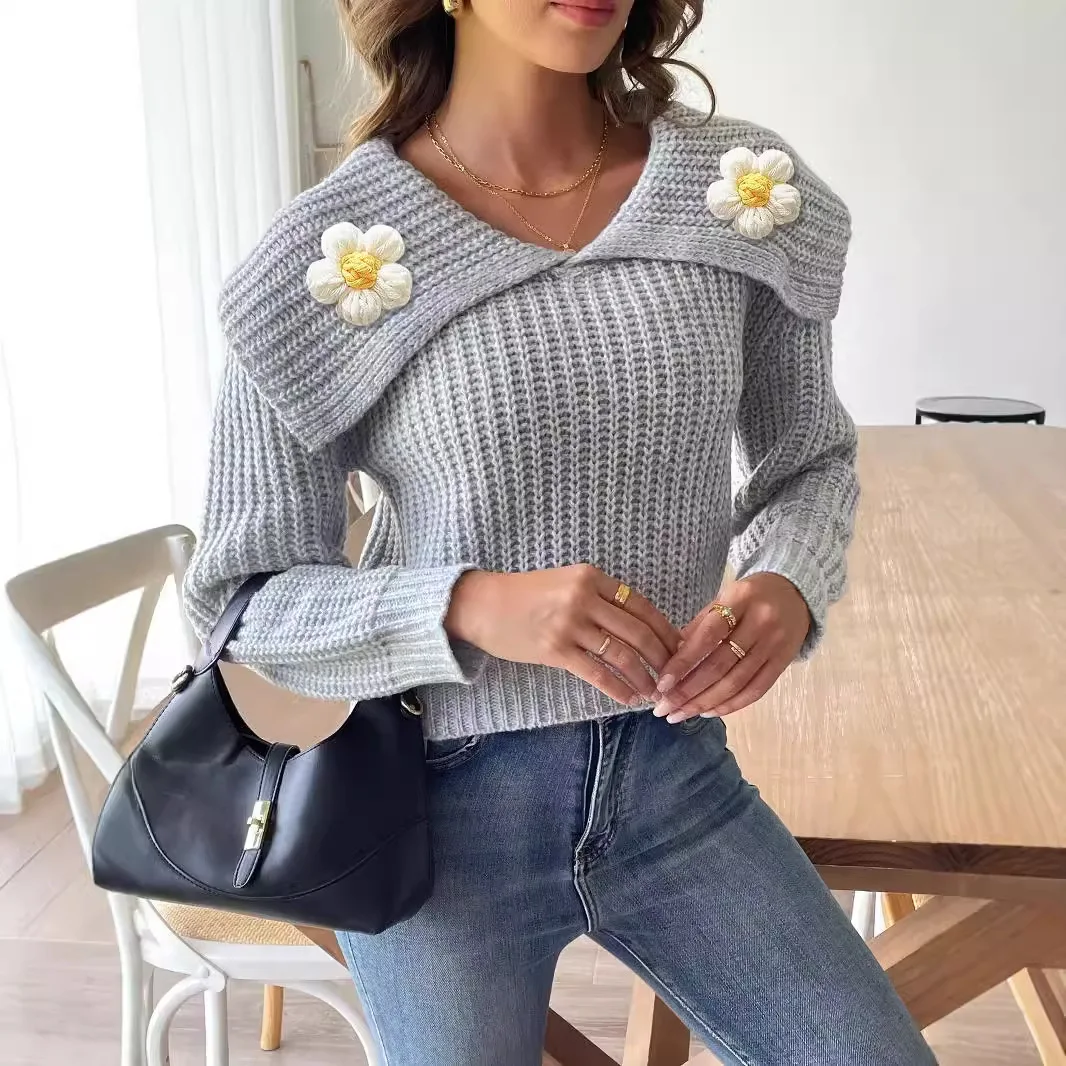 

DSMTRC 3d Flower Long Sleeve Pullovers Short Sweater for Woman Autumn Turn-down Collar Hand Crochet Knitwear Casual Streetwear