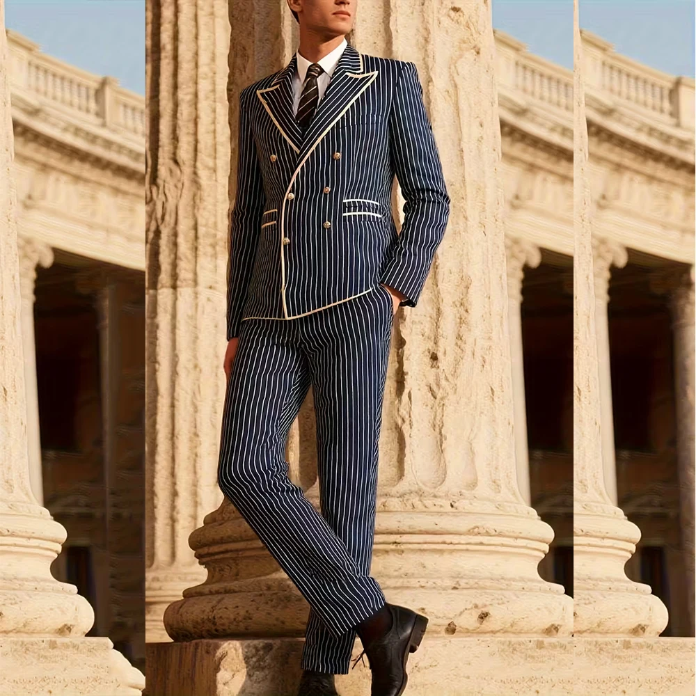 

Luxurious Stripes Men's Suits 2 Pieces Jacket Pant Sets High Quality Double Breasted Peak Lapel Male Banquet Blazer Homme Sets