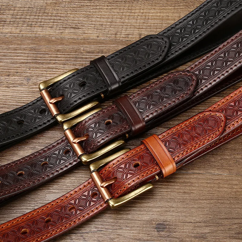 

Retro fashion trend embossed double-sided thickened leather belt men's genuine leather pin buckle top layer cowhide belt
