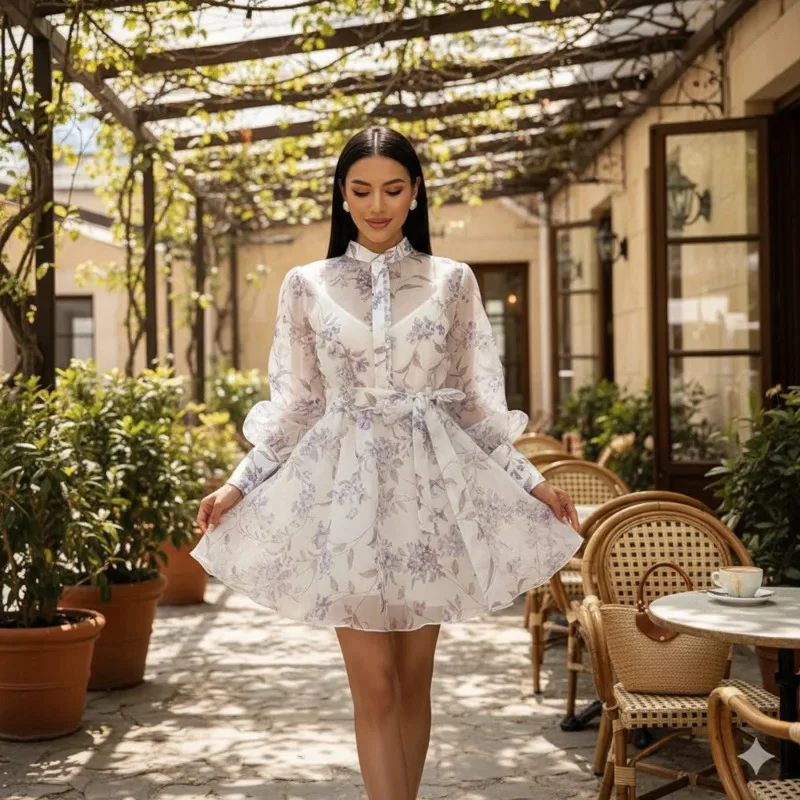 

Elegant Floral Print A-Line Dress Women's Stand Collar Long Sleeve Tie Waist Lightweight Flowy Chiffon Fashion Dress For Spring
