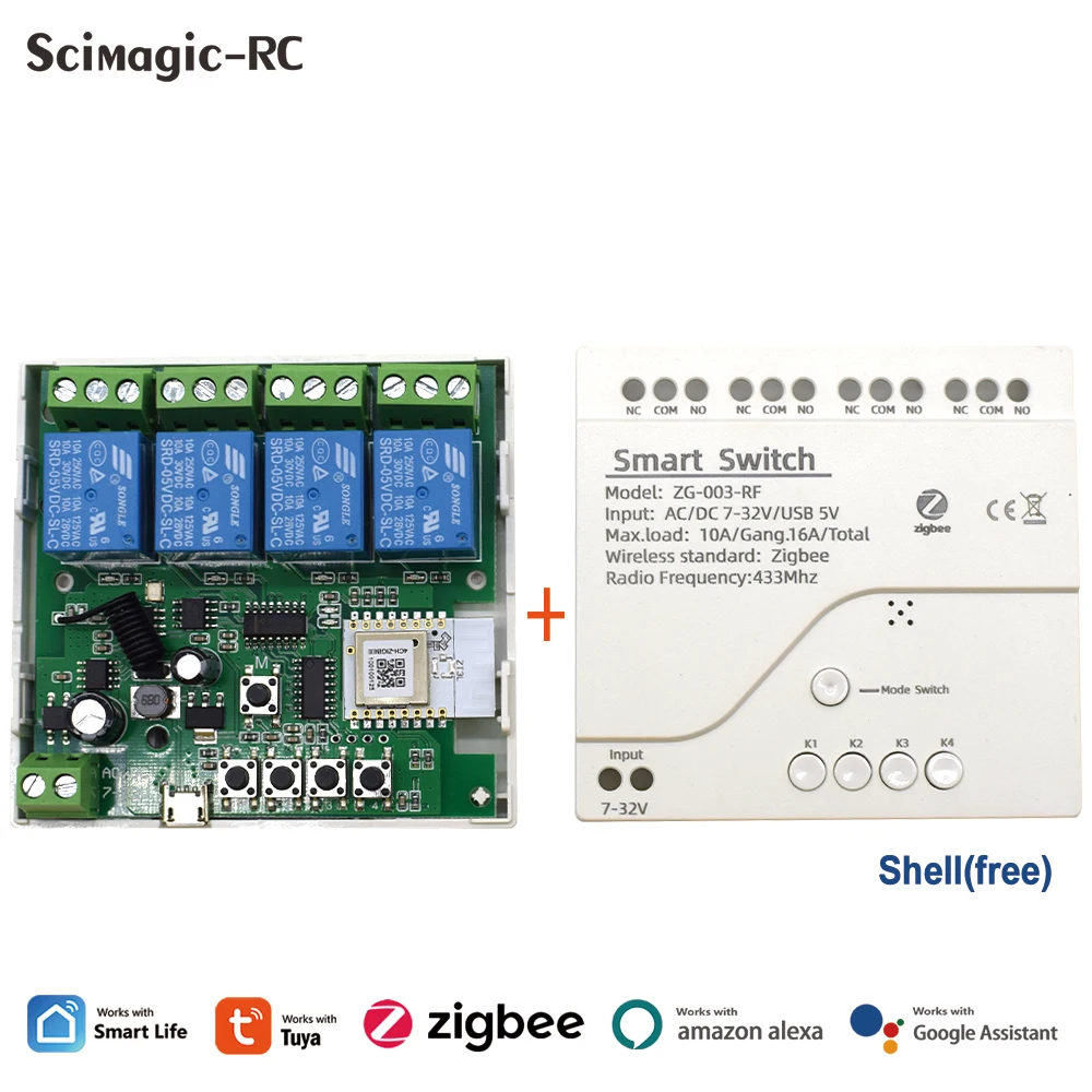 

Tuya Zigbee Relay 1/2/4CH Модуль переключателя умного дома. Беспроводное радио RF 433 4 канала. Дистанционное управление APP. для концентратора шлюза Zigbee