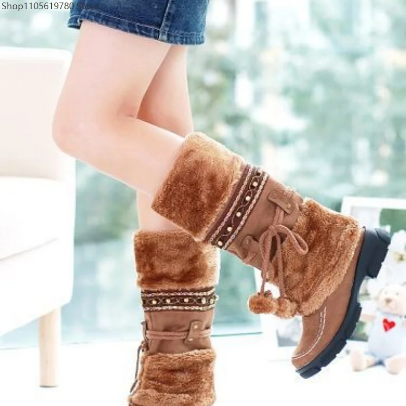 2026 Winter Warm Matte Pom Pom Lace Up Furry Mid Calf Snow Boots Plus Size Footwear Suitable For Cosplay Theme Party Outfit 4