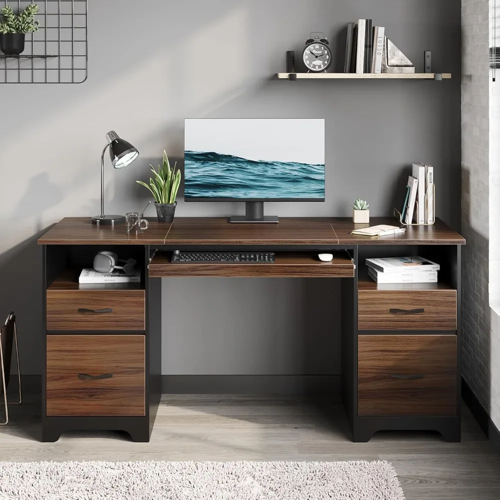 Computer Desk with 4 Drawers, Office Desk with Storage, Industrial Executive Desk with File Drawer, Cherry