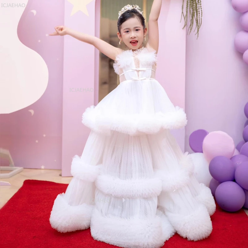 

Белое платье принцессы для девочек, нарядное платье для девочки-цветочницы на свадьбу, детское платье для дня рождения, для выступлений на конкурсе красоты, для торжественных мероприятий, для выступлений на фортепиано