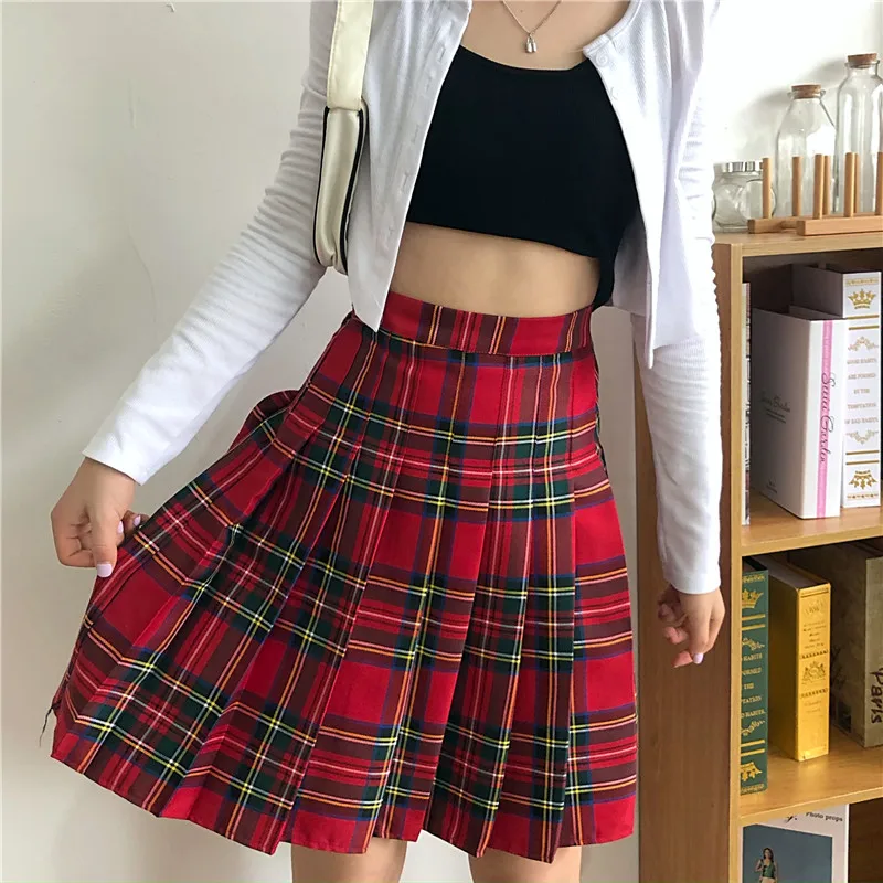 Red Plaid Pleated Skirt Women\'s Clothes Korean Stylish Girls School Clothes Summe Mini A Line Saias Black Skort For Women