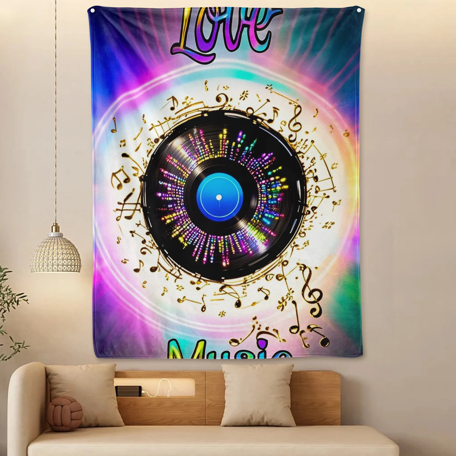 Coperta arcobaleno in vinile con design di note musicali e tessuto circostante per l'arredamento della stanza vibrante e artistico in stile estetico