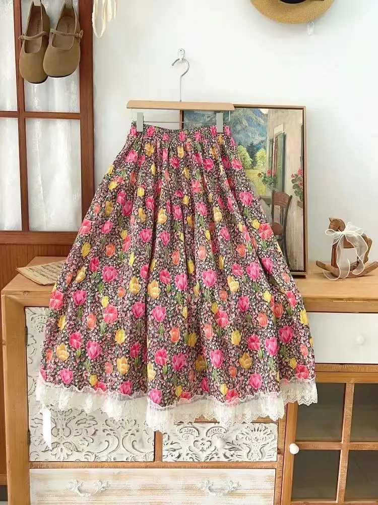 กระโปรงยาวสไตล์โมริเคอิ ลายลูกไม้หวานๆ แบบญี่ปุ่น สำหรับผู้หญิง ฤดูใบไม้ร่วง ผ้าฝ้าย กระโปรงยาวปานกลาง