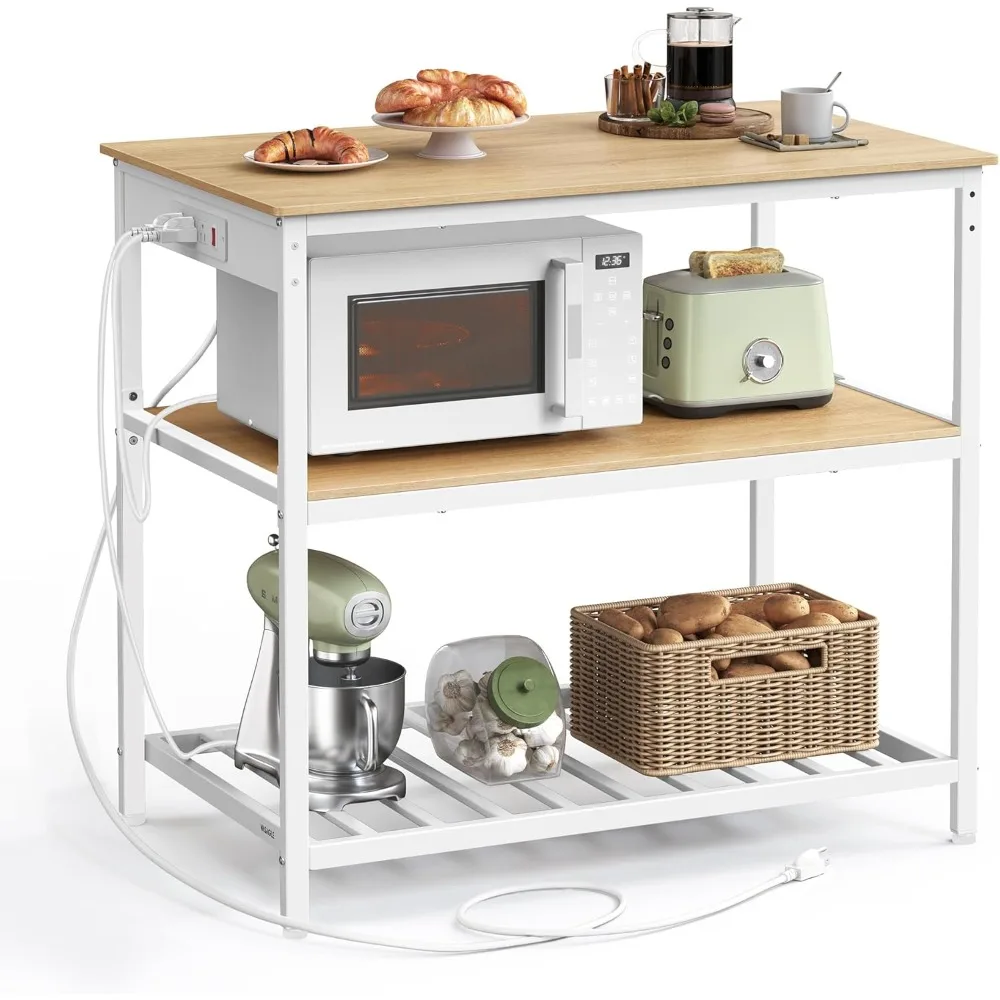 

Kitchen Island with 3 Shelves, 39.4 Inches Width Kitchen Shelf with Power Strip, Large Worktop, Stable Steel Structure,