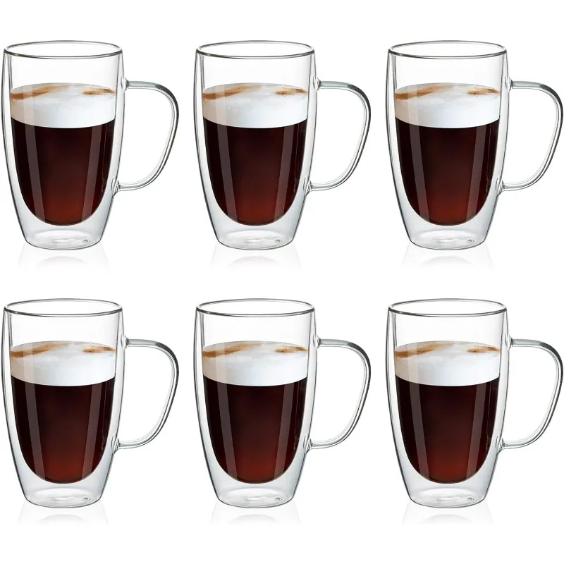 16oz/6 pack Coffee Mugs, Thickened Clear Glass Double Wall Cup with handle for Coffee, Tea, Latte, Cappuccino (16 oz，6)