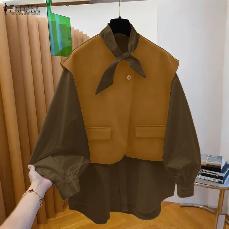 ZANZEA เสื้อแฟชั่นผู้หญิงผูกคอผ้าขนสัตว์งานเย็บปะติดปะต่อกันเสื้อแขนยาวสตรีทแวร์ฤดูใบไม้ผลิฤดูร้อนเสื้อผ้าผู้หญิง