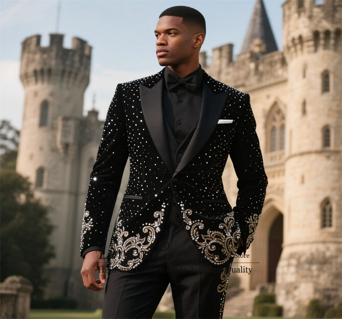 

High End Stone Rhinestone Tuxedos Men Suits Customized Slim Handsome Costume Homme 3 Pieces Sets Groom Wedding Party Ropa Blazer