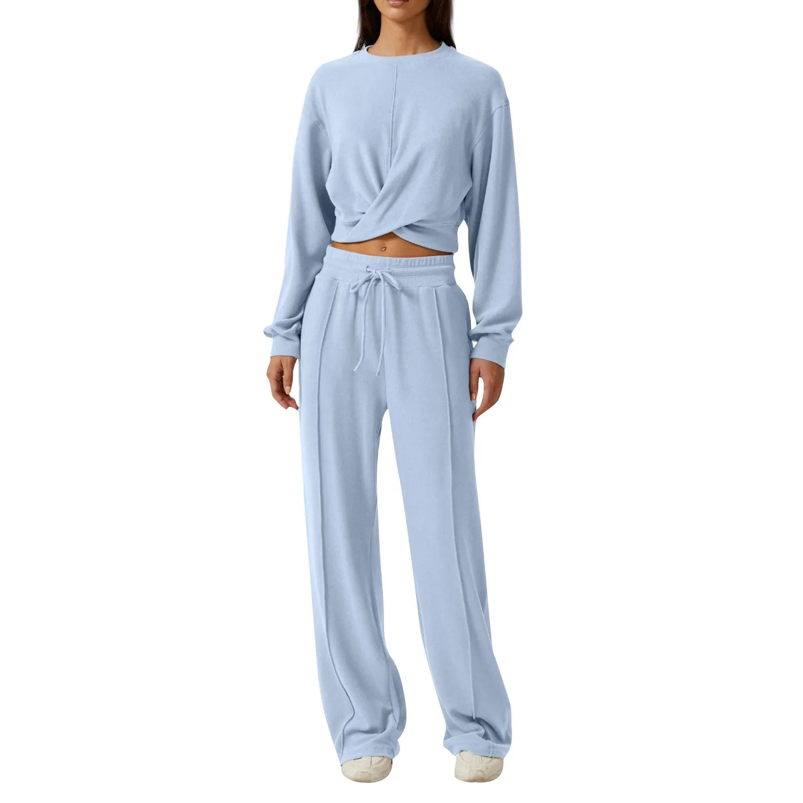 

Women Two Piece Outfits Sweatsuit Set Casual Long Sleeve Twist Front Cropped Sweatshirt Wide Leg Sweatpant
