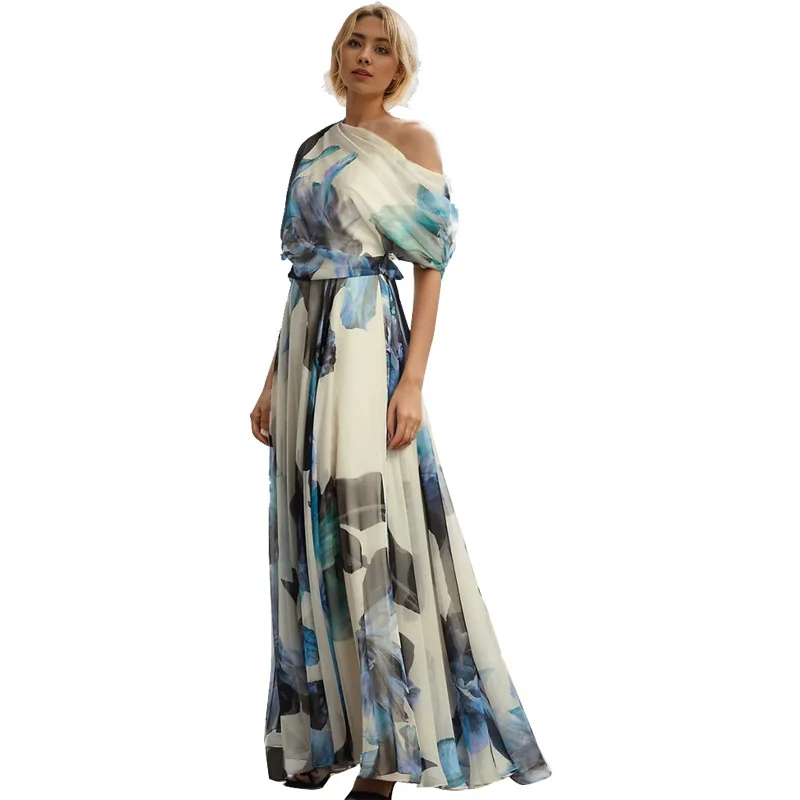 فستان ماكسي للحفلات الراقصة بأربطة وأكمام قصيرة ومطبوع بقصة ضيقة للنساء 2025 بكتف واحد أنيق لقضاء العطلات على الشاطئ #5