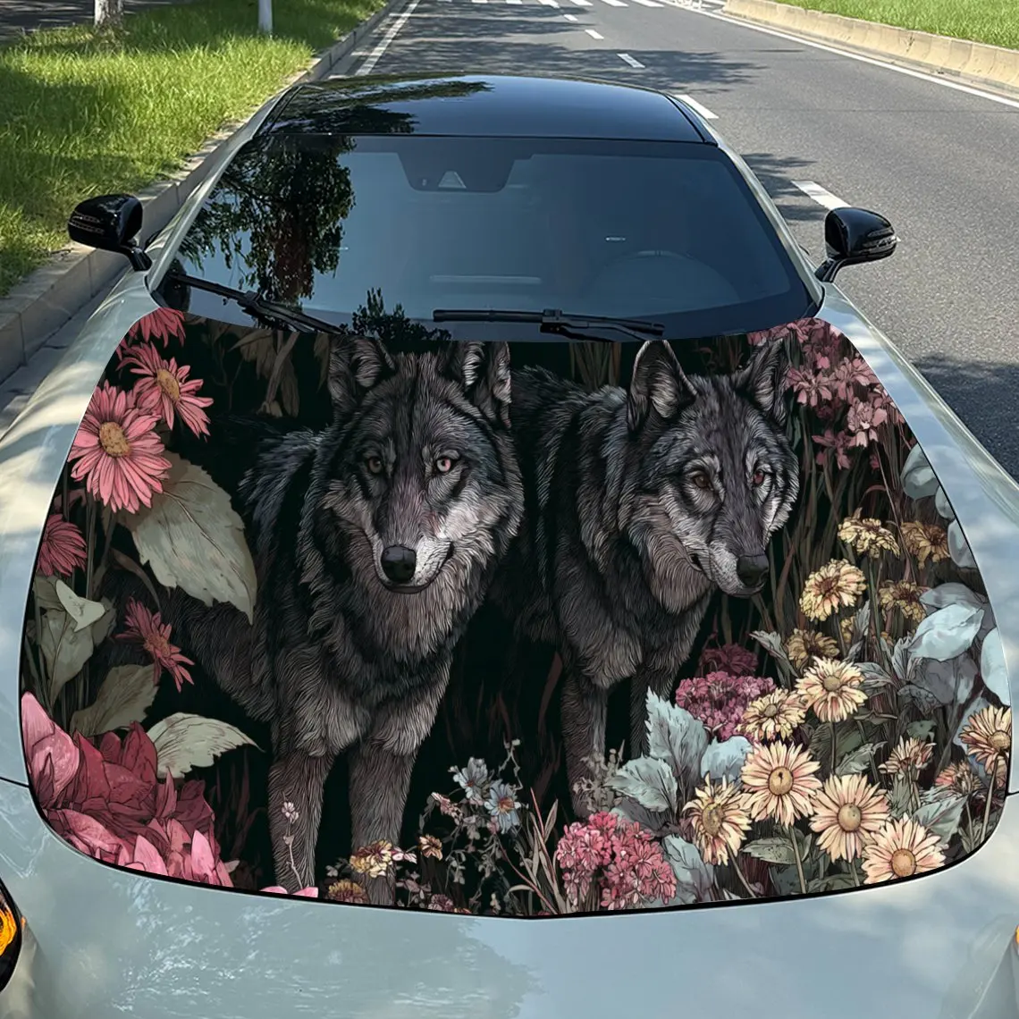 

Floral Wolf Pair Auto Cover Sticker, Waterproof and Self-adhesive Auto Hood Decal, Auto Vinyl Wraps, Cool Car Exterior Decal, Ho