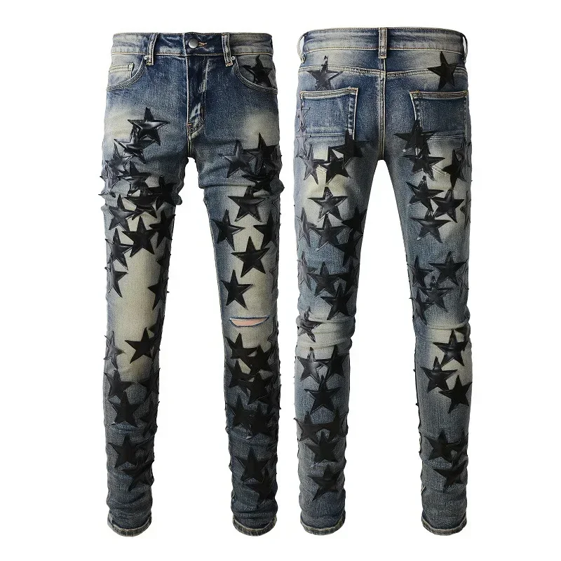 American High Street Trendy Brand Patchwork Quality Jeans, New Trendy Youth High-Craft Elastic Slim Fit Premium Casual Pants