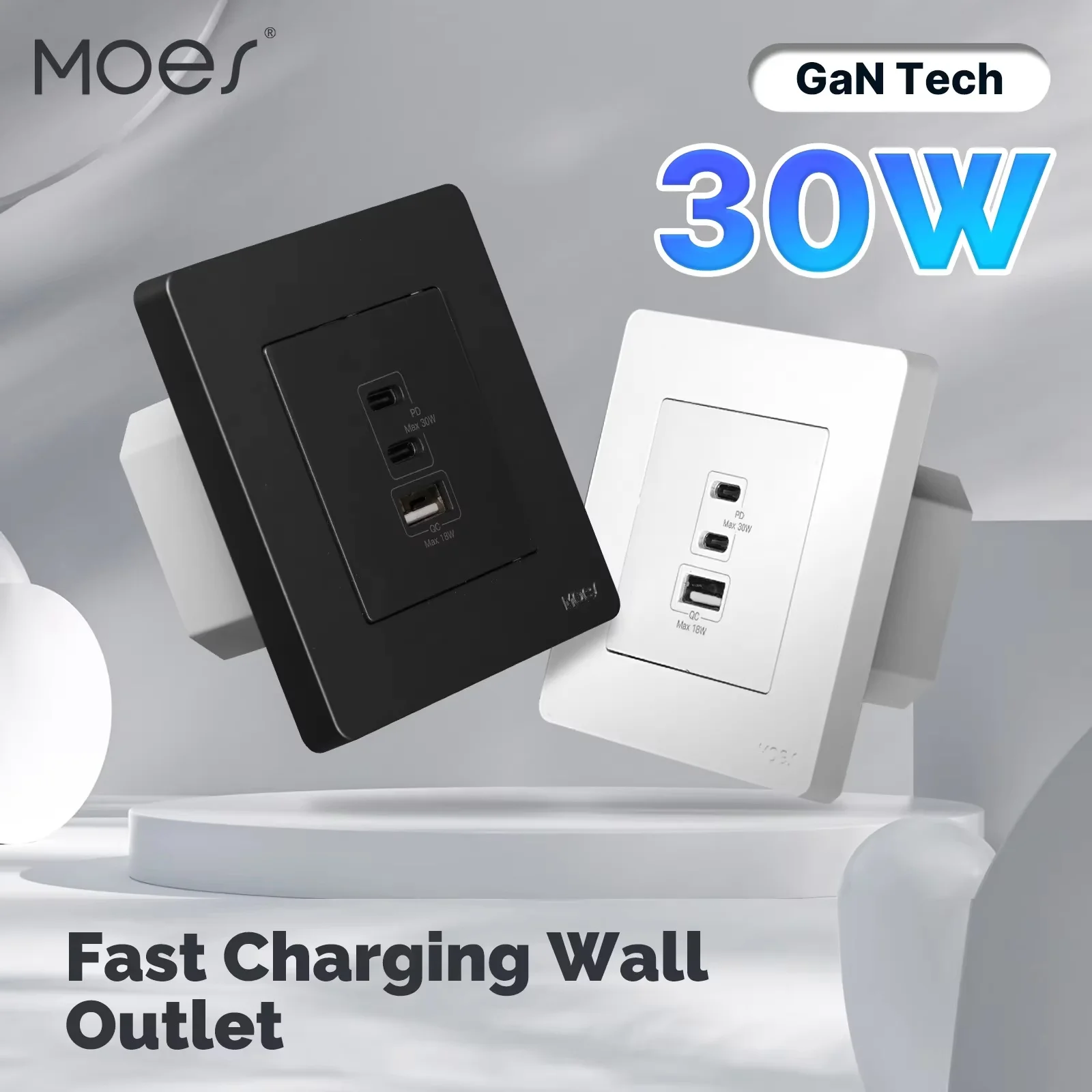 

MOES Star Ring Series 30W Fast Charging PD3.0 Wall Electrical Outlet Charger GaN Socket 3 Ports Type C USB A OverTemp Protection
