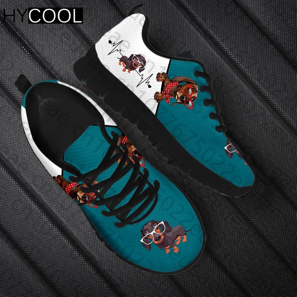 HYCOOL Unisex Casual Sport Shoes Puppy Dachshund Dog Printing Women Men Air Mesh Lace Jogging Flats Footwear Scarpe Donna