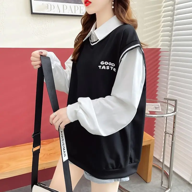 Harajuku Letter Print Sweatshirt Patchwork Women Clothes Autumn Winter Preppy Style Long Sleeve Top Black White Green Oversized